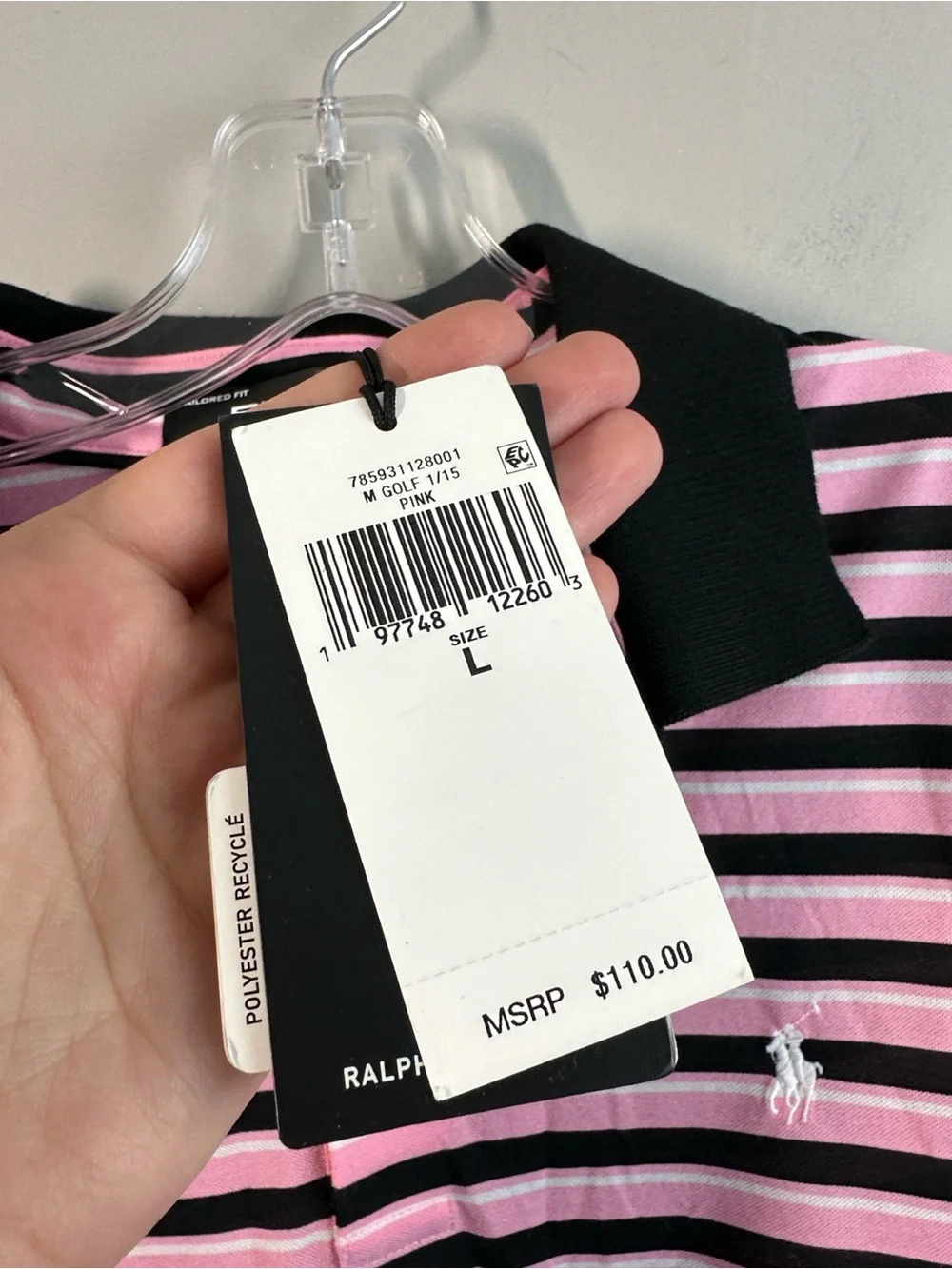 NWT RLX Ralph Lauren Pink And Black Stripe Polo Shirt Size L Golf